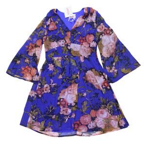Moon Blue floral dress sheer bell sleeve dark blue empire waist sz S NEW NWT